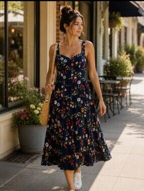 Old Navy Linen Blend Navy Garden Floral Midi Dress Sweetheart Neck Pockets Sz S